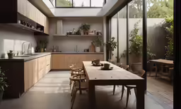 a kitchen and dining area with a glass ceiling