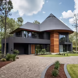 a big modern house with a patio in the yard