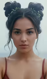 a young woman with long dark hair is wearing two flower hair clip
