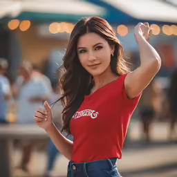 a girl in a red shirt and jeans with her arm up