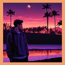 an orange and pink sky and palm trees near water,the man is standing on the beach watching the sunset
