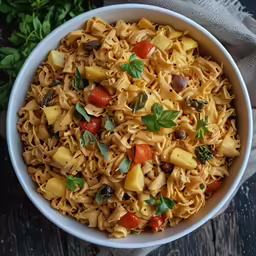 a bowl of pasta with fresh basil and cherry tomatoes