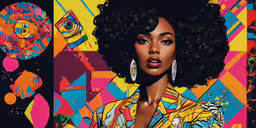 an image of a woman with black hair wearing a yellow jacket,a woman is in front of some colorful art
