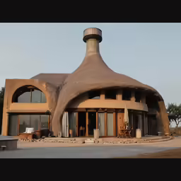 a unique building with two chimneys on top
