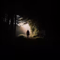 a lone person is standing in the dark of the woods