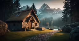 a small house near the woods with mountains in the back