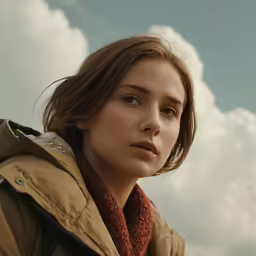 a girl looking at something while wearing a scarf