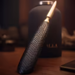 an extremely nice looking long black and gold pen on the table