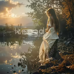 a beautiful woman standing next to the water