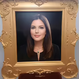 a framed photo of a woman with a gold necklace