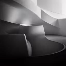 a monochrome photo of an unusual building with curved interior