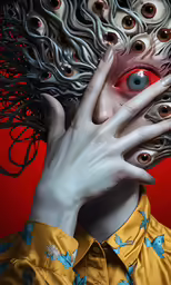 a man with strange hair and eyeballs on his face