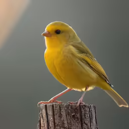 a yellow bird sits atop an old wooden pole