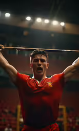 an athlete is holding a bar to his head