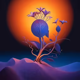 flowers in the dunes of the desert under a full moon