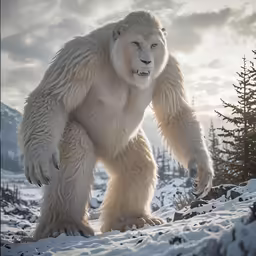 a large white gorilla standing in the snow