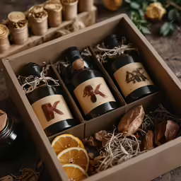 a box with four bottles in it that have orange slices and leaves