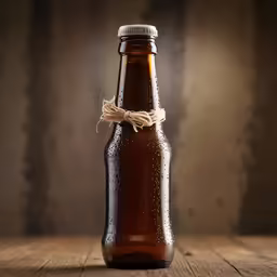 a bottle that is sitting on a wooden table