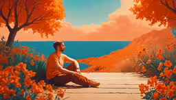 a painting of a man sitting on the ground in front of a painting,a man with a crown sits outside in front of an orange mural