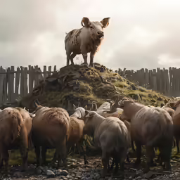 a sheep stands on top of a hill while others look at it
