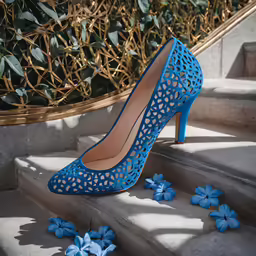 blue flowers are on some stairs as well as a pair of shoes