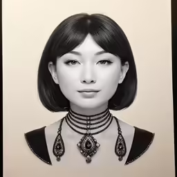 a woman with dark hair wearing an ornate necklace