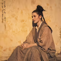 a woman sitting on the ground in an old - fashioned robes