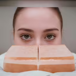a close up of a person behind a piece of bread