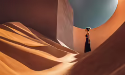 woman standing in a desert like area surrounded by large, red dunes