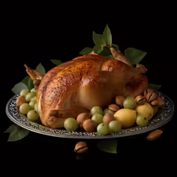 a turkey is shown on a platter with fruit