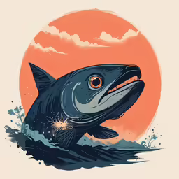 an illustration of a fish is shown with the sun rising above it