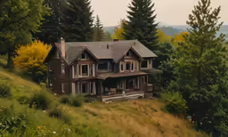 a wooden house in a meadow with tall trees