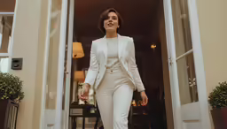 the woman is dressed in a white ensemble