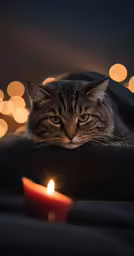 a close up of a cat near a lit candle