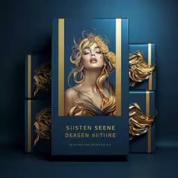 a golden package featuring a female with golden hair,a picture frame with golden hair is in a dark room
