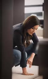 a woman is kneeling and looking down at a square rug