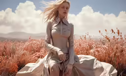 a woman in a dress and boots is walking on the dry grass