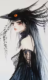 a drawing of a woman with black hair and big eyes