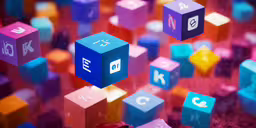 the image shows many colorful blocks,a colorful display of cubes, with symbols over them