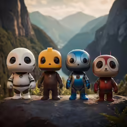 five tiny robots sit on a rock overlooking the valley