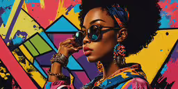 an image of a woman in sunglasses on a cell phone,an african american woman with bright earrings on her head is standing against a brightly colored wall