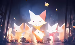 a group of paper cats standing in front of stars