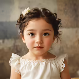 a small girl wearing a white top and a flower in her hair