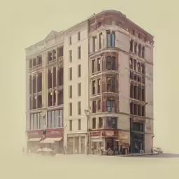 a large brick building on the corner of a road