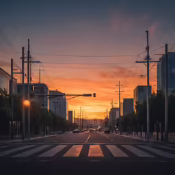 a sunset view from a road with cars and traffic
