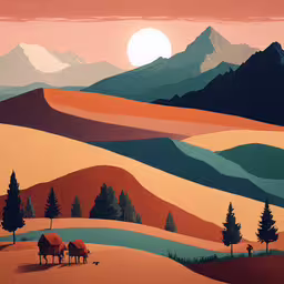 a painting that shows the mountains and hills in the distance,an art print of trees and hills under the sun