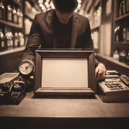 a man looking at an analog clock with a frame on the counter
