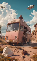 an old van sits in the desert in the middle of an airshow