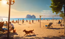 a sandy beach with chairs and a dog running,a dog runs past people at a beach