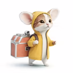a mouse wearing a yellow coat holding a small bag